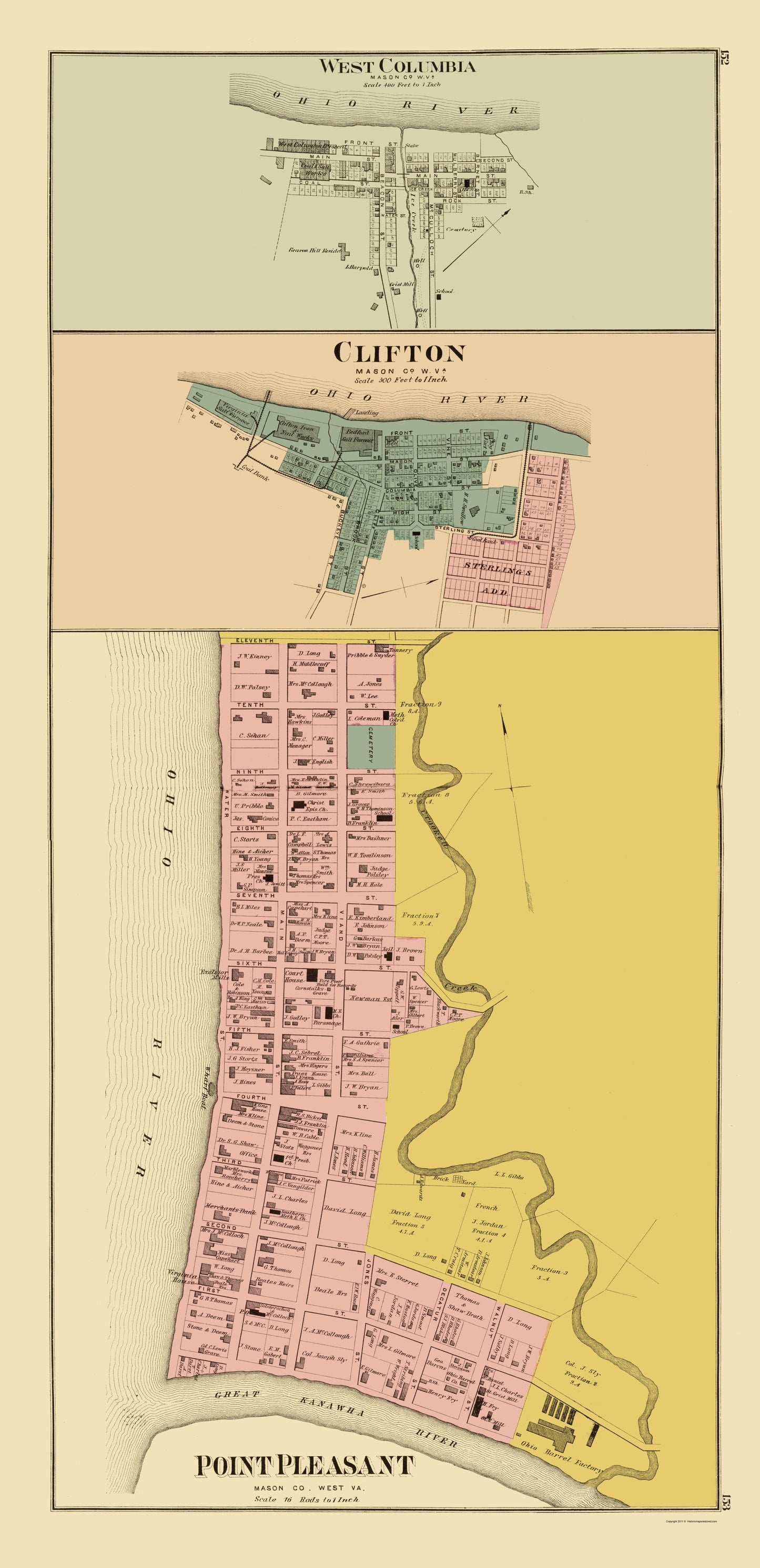 Historic City Map - West Columbia Clifton Point Pleasant West Virginia - Hayes 1877 - 23x47 - Vintage Wall Art