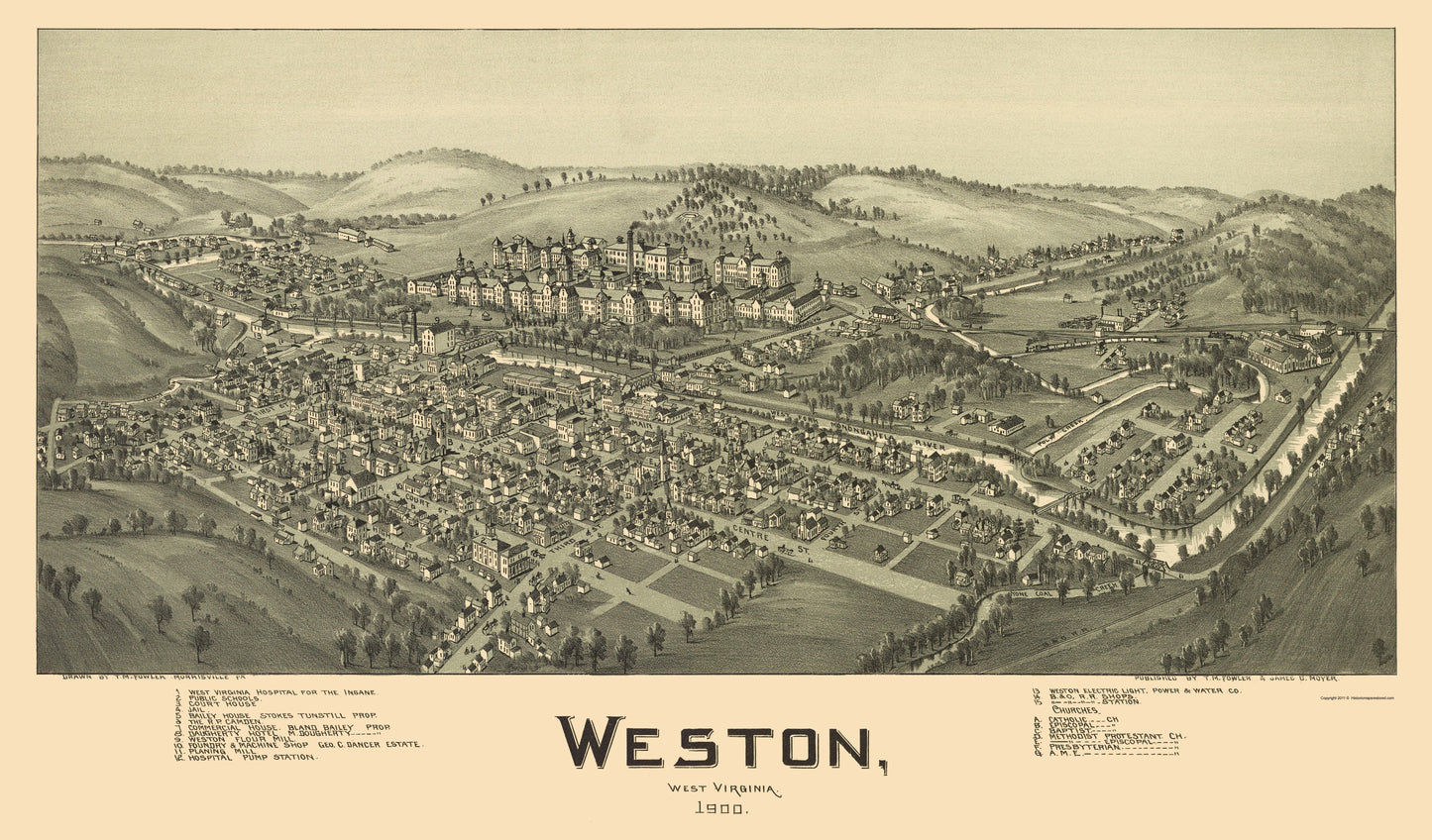 Historic Panoramic View - Weston West Virginia - Fowler 1900 - 23 x 39.21 - Vintage Wall Art