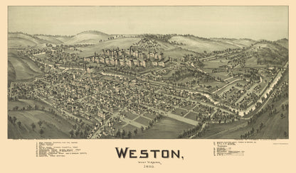 Historic Panoramic View - Weston West Virginia - Fowler 1900 - 23 x 39.21 - Vintage Wall Art