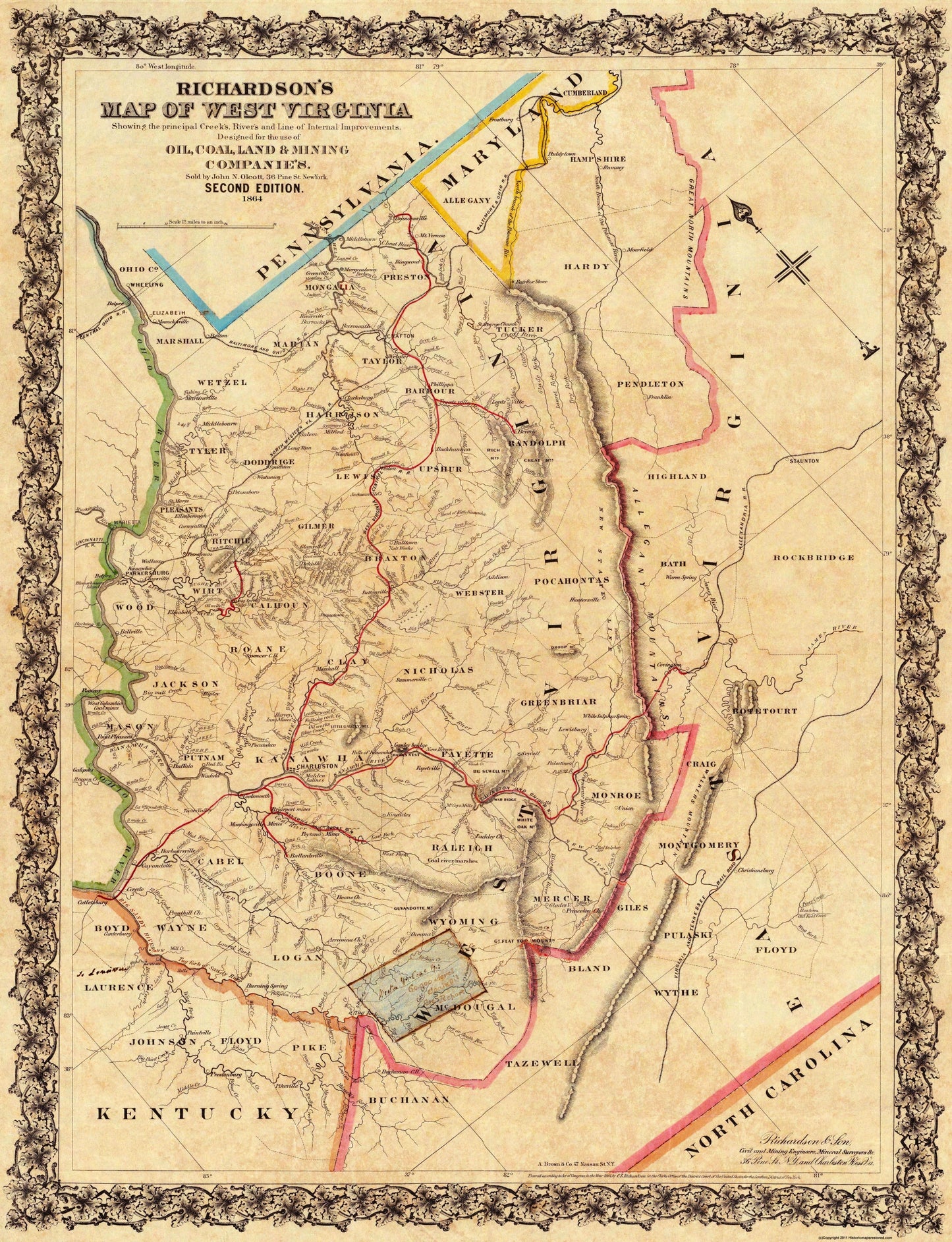 Historic State Map - West Virginia - Richardson 1864 - 23 x 30 - Vintage Wall Art