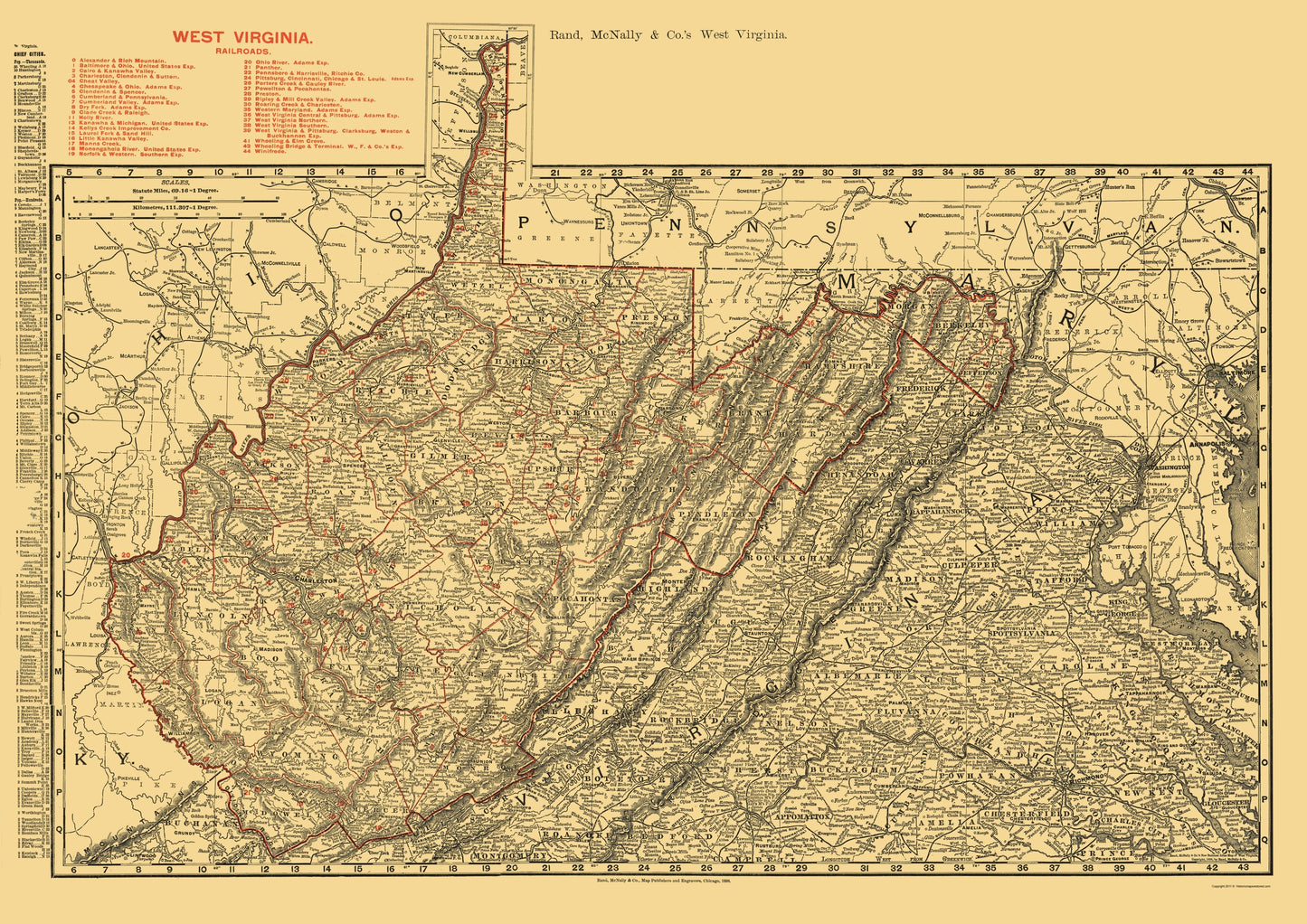 Railroad Map - West Virginia Railroads - Rand McNally 1898 - 23 x 32.51 - Vintage Wall Art