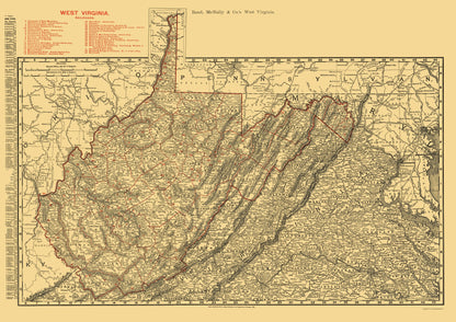 Railroad Map - West Virginia Railroads - Rand McNally 1898 - 23 x 32.51 - Vintage Wall Art