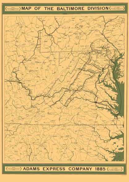 Railroad Map - Adams Express Co Baltimore Division - Lang 1885 - 23 x 32 - Vintage Wall Art