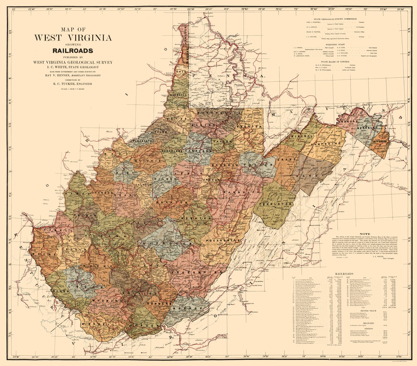 Railroad Map - West Virginia Railroads - White 1917 - 26.18 x 23 - Vintage Wall Art