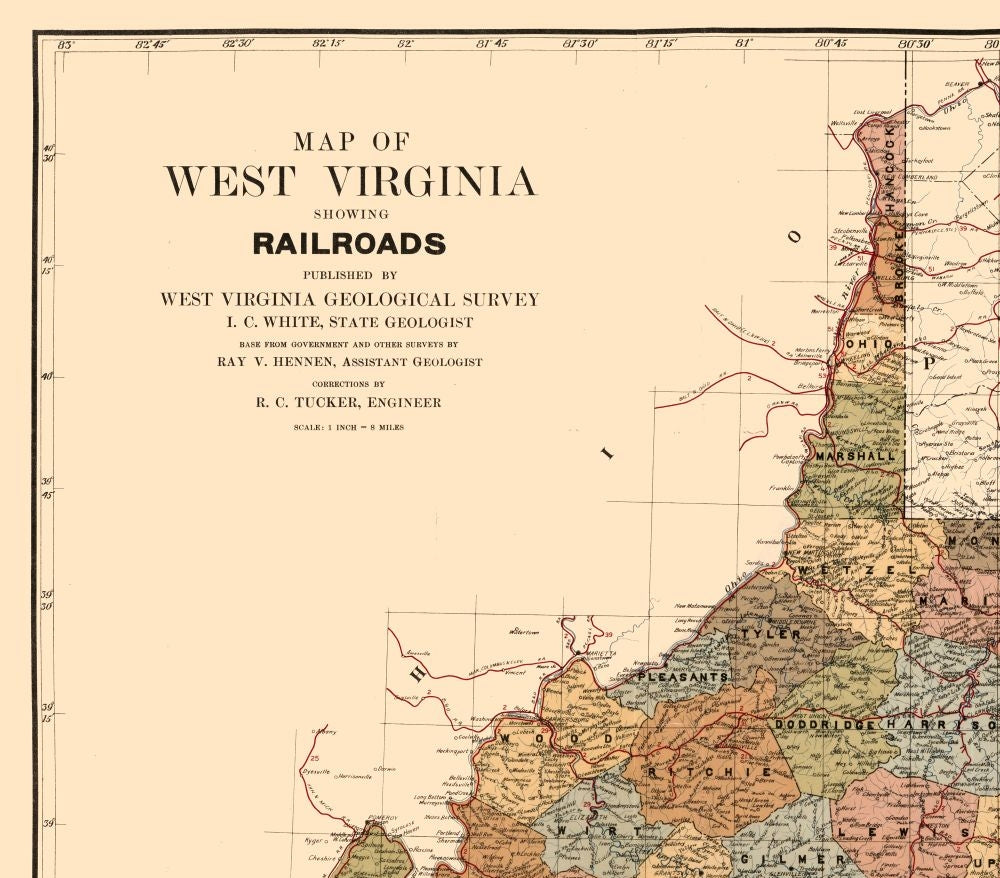 Railroad Map - West Virginia Railroads - White 1917 - 26.18 x 23 - Vintage Wall Art