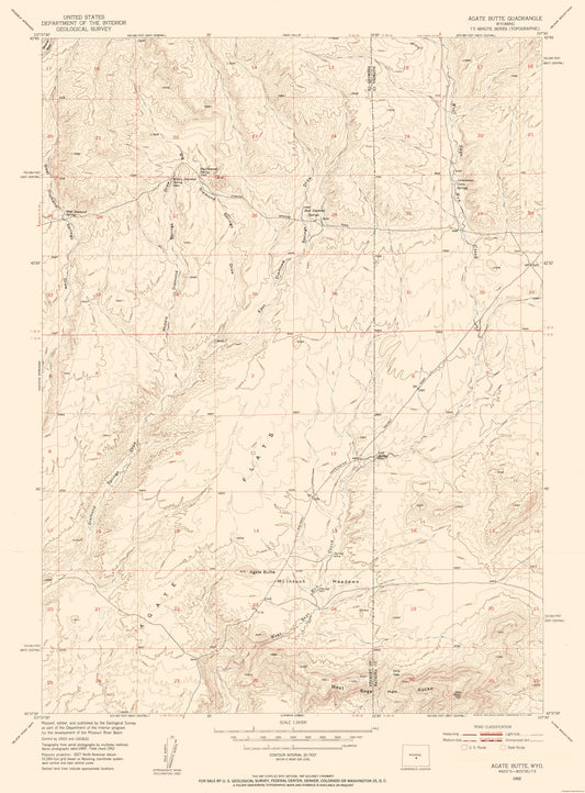 Topographical Map - Agate Butte Wyoming Quad - USGS 1952 - 23 x 31.14 - Vintage Wall Art