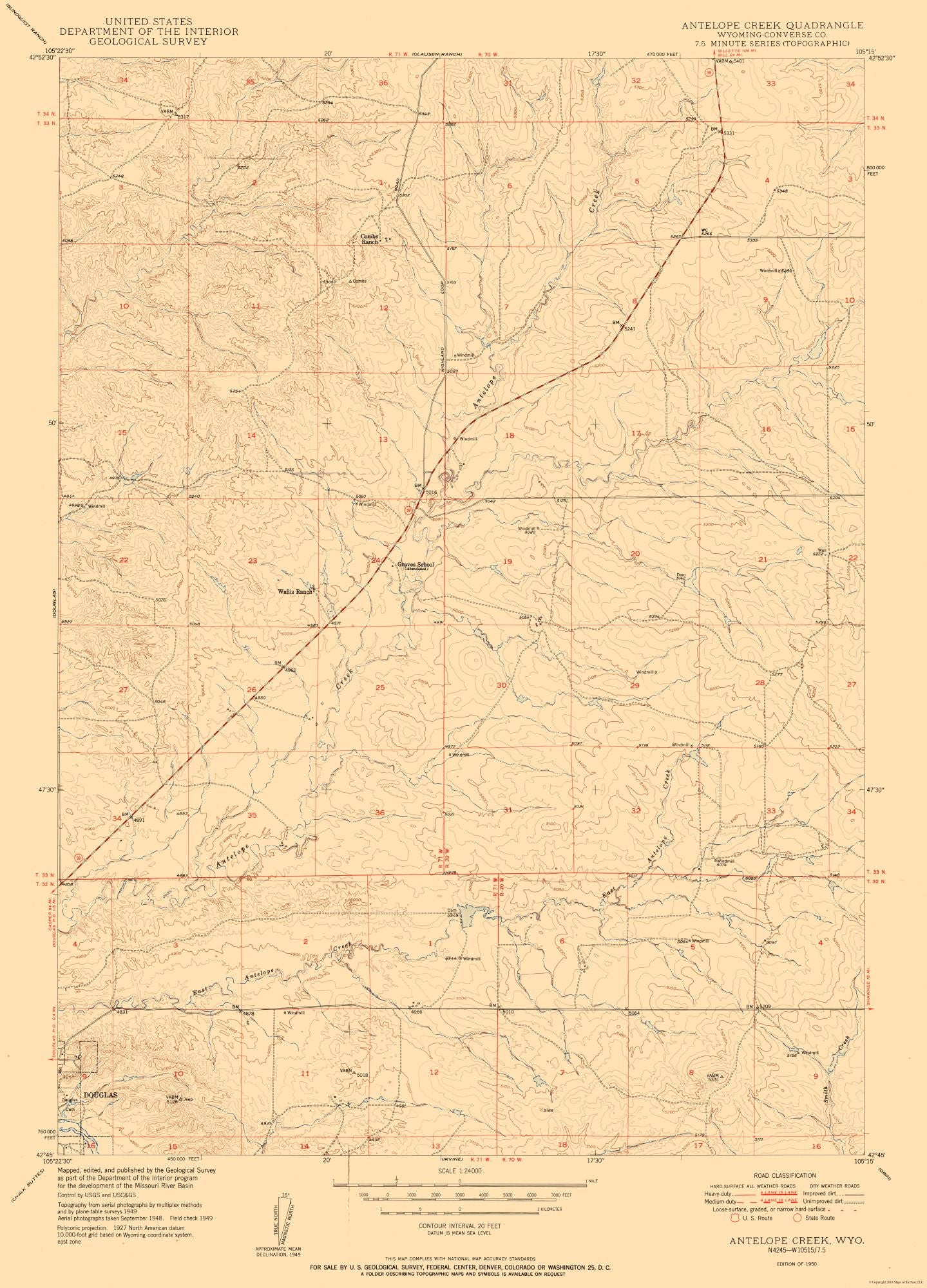 Topographical Map - Antelope Creek Wyoming Quad - USGS 1950 - 23 x 31.97 - Vintage Wall Art