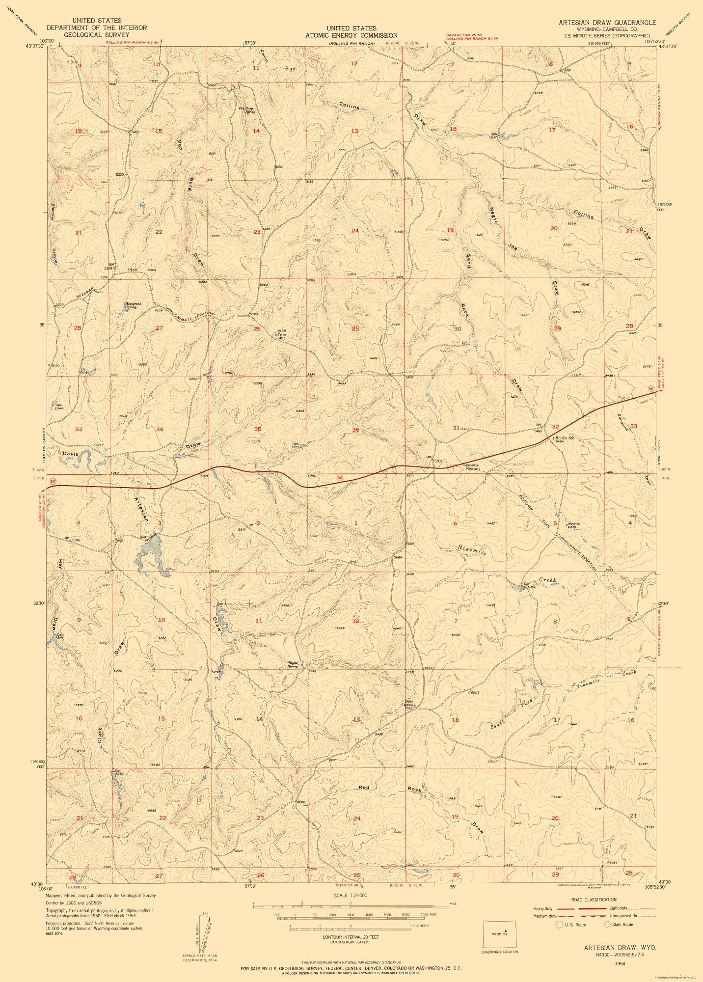 Topographical Map - Artesian Draw Wyoming Quad - USGS 1954 - 23 x 32.13 - Vintage Wall Art