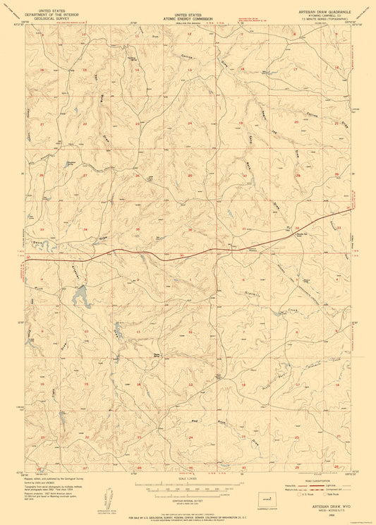 Topographical Map - Artesian Draw Wyoming Quad - USGS 1954 - 23 x 32.13 - Vintage Wall Art