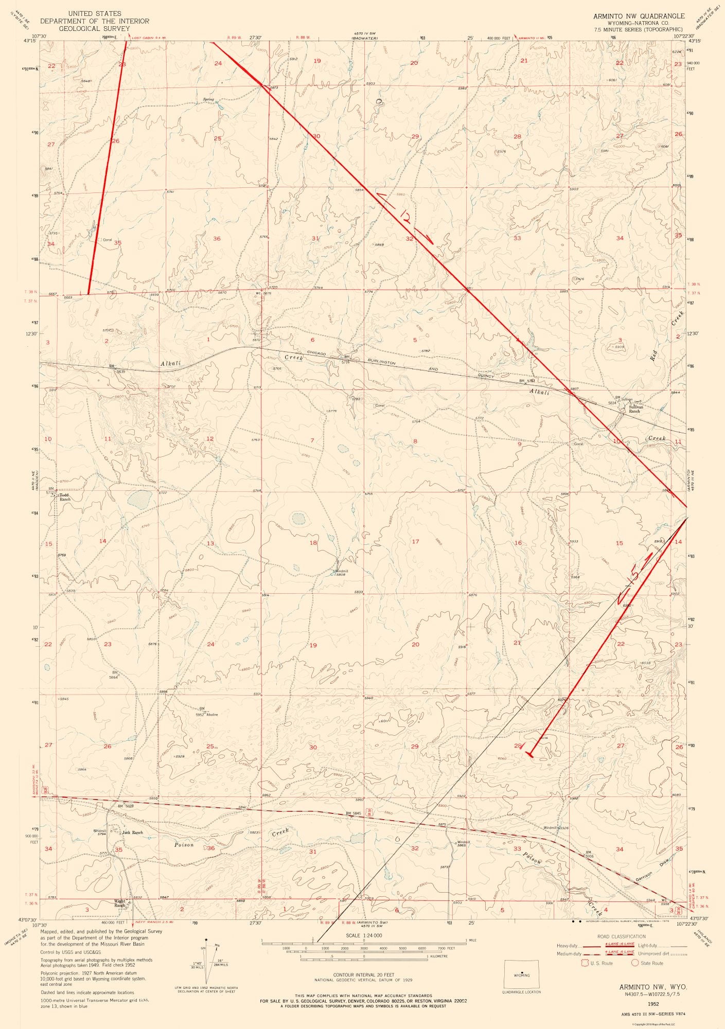 Topographical Map - North West Arminto Wyoming Quad - USGS 1952 - 23 x 32.66 - Vintage Wall Art