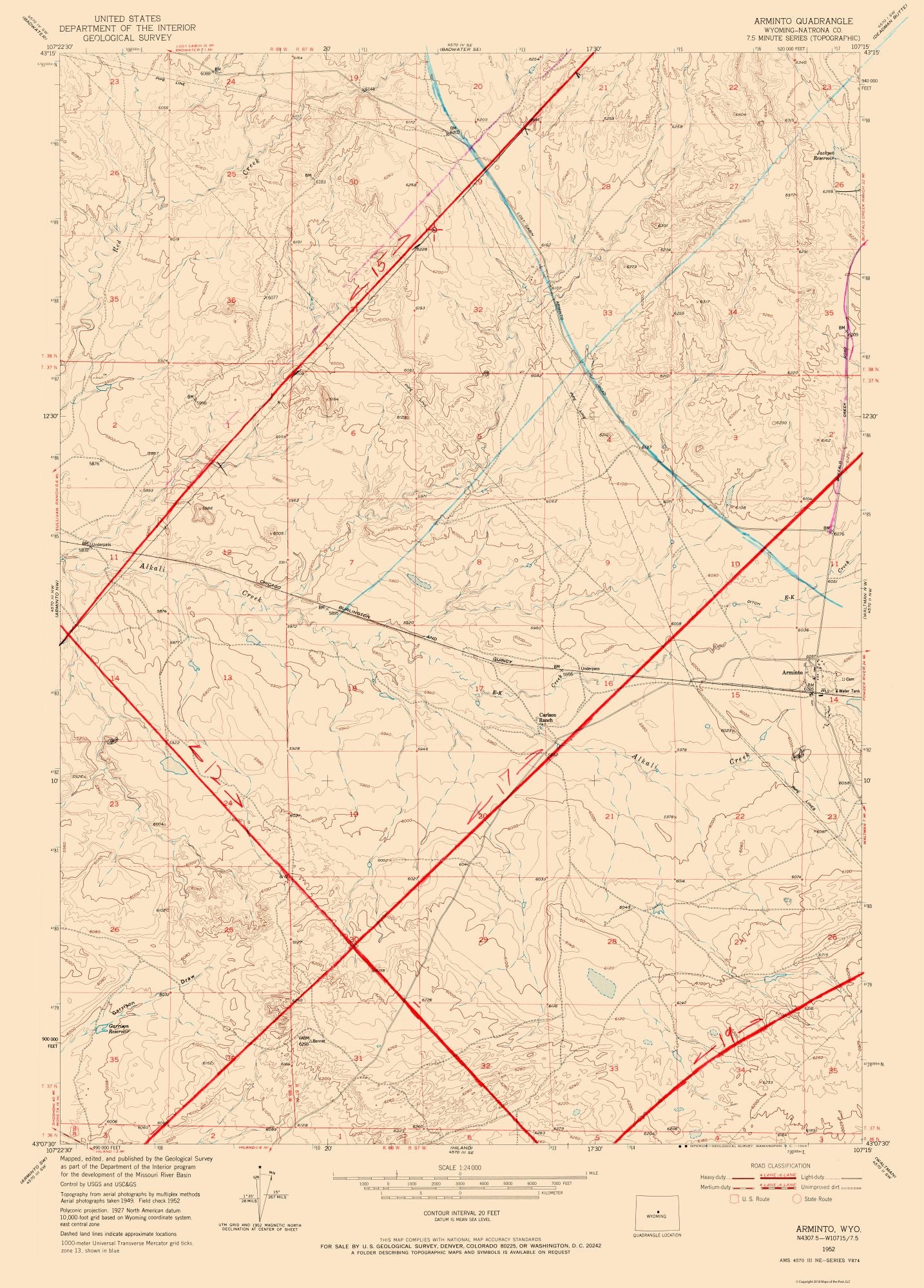 Topographical Map - Arminto Wyoming Quad - USGS 1952 - 23 x 32.07 - Vi ...