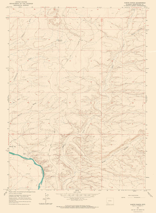 Topographical Map - Austin Ranch Wyoming Quad - USGS 1961 - 23 x 31.51 - Vintage Wall Art