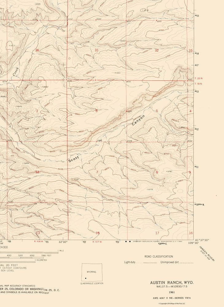 Topographical Map - Austin Ranch Wyoming Quad - USGS 1961 - 23 x 31.51 - Vintage Wall Art