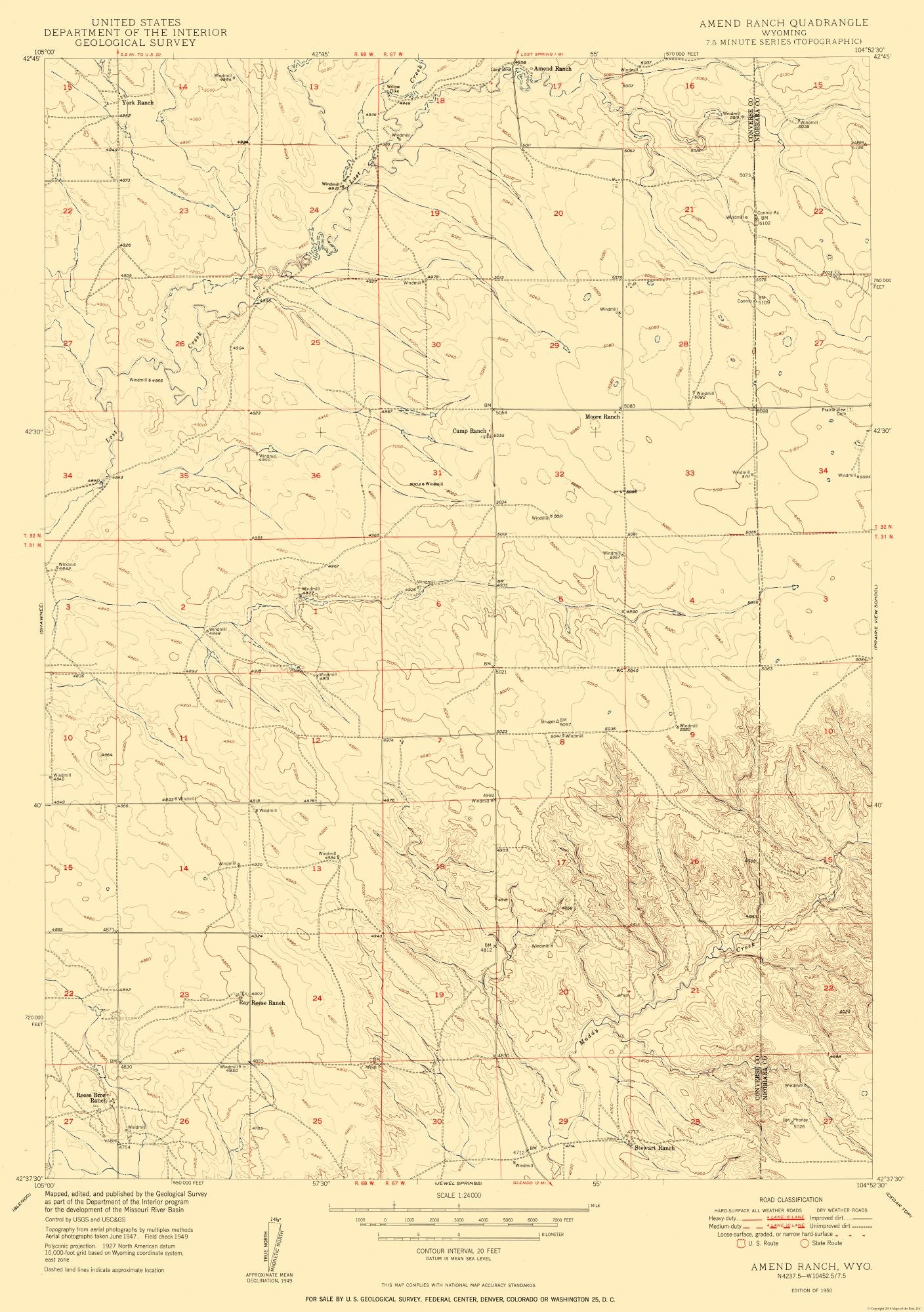 Topographical Map - Amend Ranch Wyoming Quad - USGS 1950 - 23 x 32.67 - Vintage Wall Art