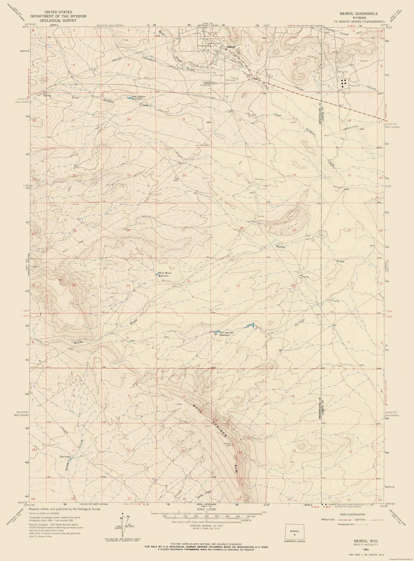 Topographical Map - Bairoil Wyoming Quad - USGS 1961 - 23 x 31.14 - Vintage Wall Art