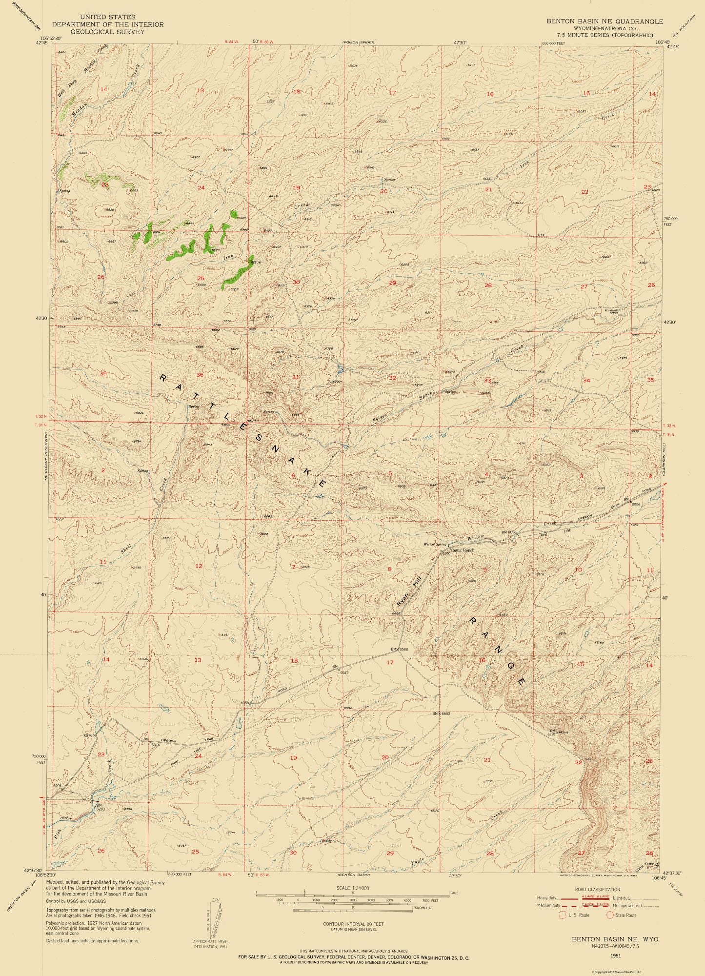 Topographical Map - North East Benton Basin Wyoming Quad - USGS 1951 - 23 x 31.84 - Vintage Wall Art