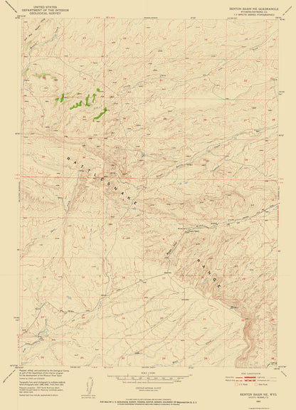 Topographical Map - North East Benton Basin Wyoming Quad - USGS 1951 - 23 x 31.84 - Vintage Wall Art