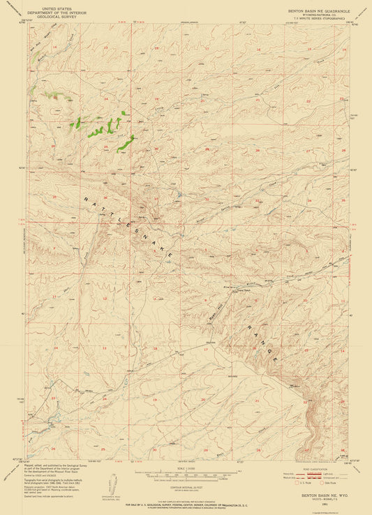 Topographical Map - North East Benton Basin Wyoming Quad - USGS 1951 - 23 x 31.84 - Vintage Wall Art