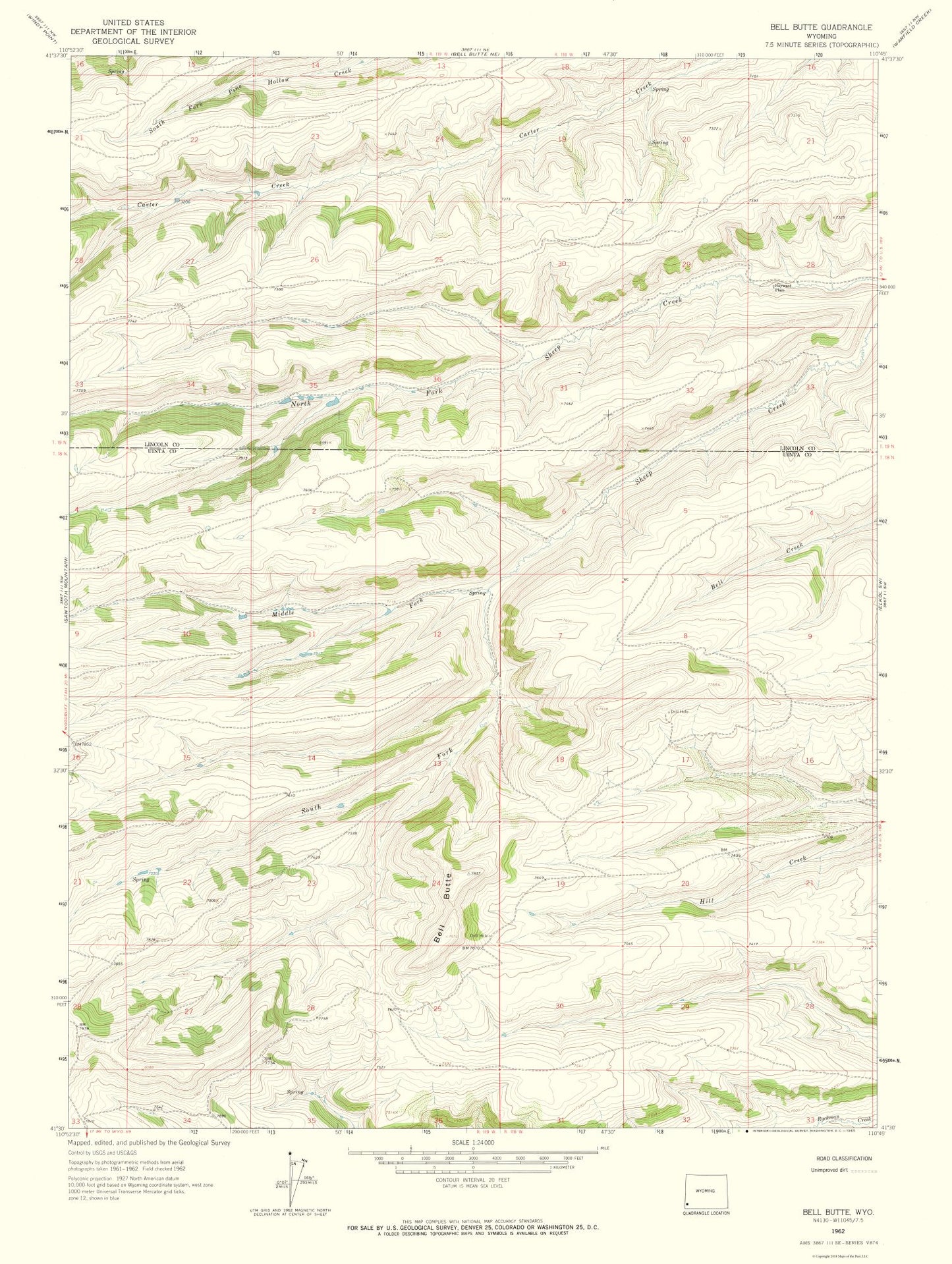 Topographical Map - Bell Butte Wyoming Quad - USGS 1962 - 23 x 30.54 - Vintage Wall Art