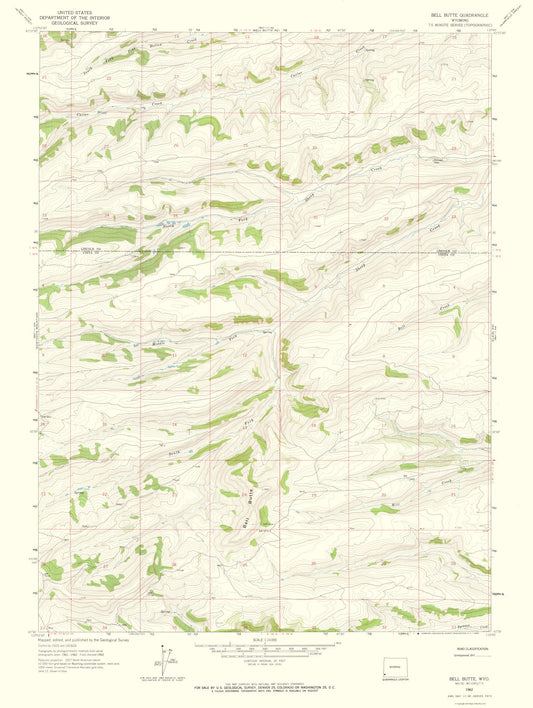 Topographical Map - Bell Butte Wyoming Quad - USGS 1962 - 23 x 30.54 - Vintage Wall Art