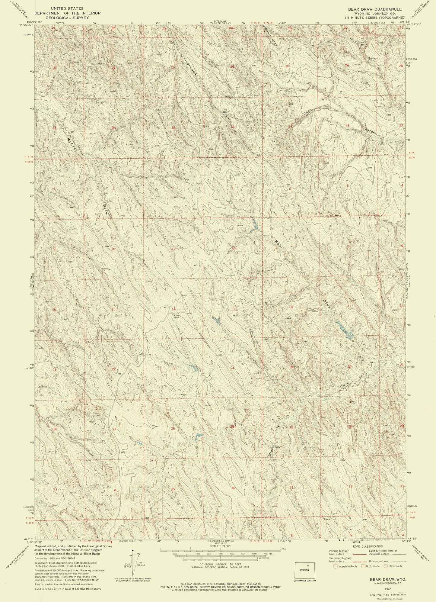 Topographical Map - Bear Draw Wyoming Quad - USGS 1972 - 23 x 31.74 - Vintage Wall Art