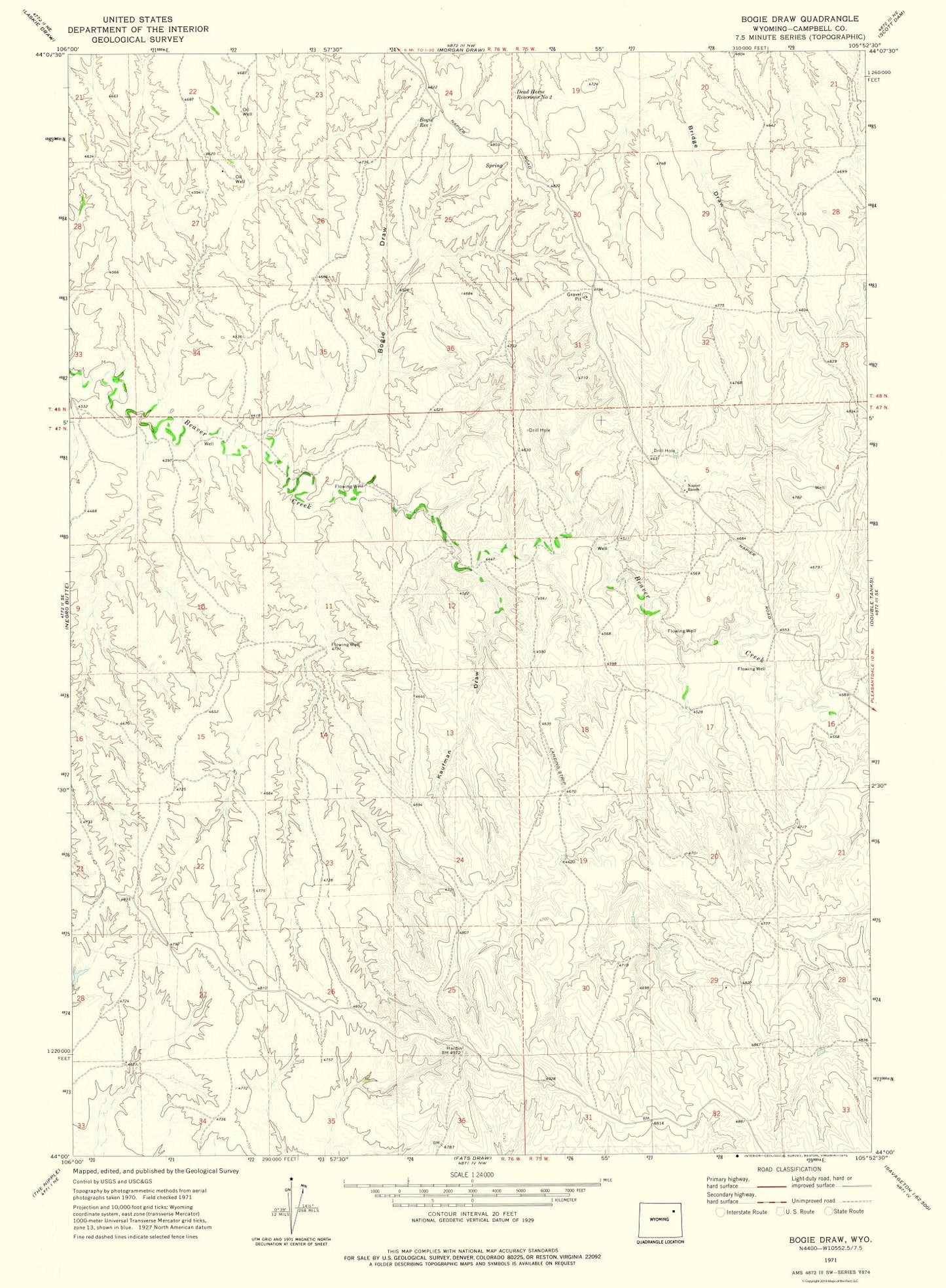 Topographical Map - Bogie Draw Wyoming Quad - USGS 1971 - 23 x 31.31 - Vintage Wall Art