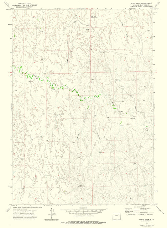 Topographical Map - Bogie Draw Wyoming Quad - USGS 1971 - 23 x 31.31 - Vintage Wall Art