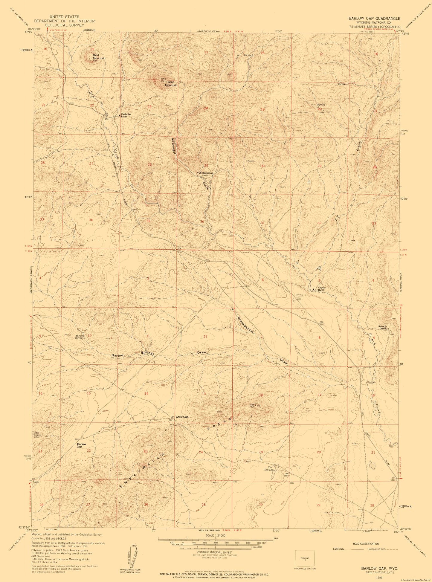 Topographical Map - Barlow Gap Wyoming Quad - USGS 1959 - 23 x 30.99 - Vintage Wall Art