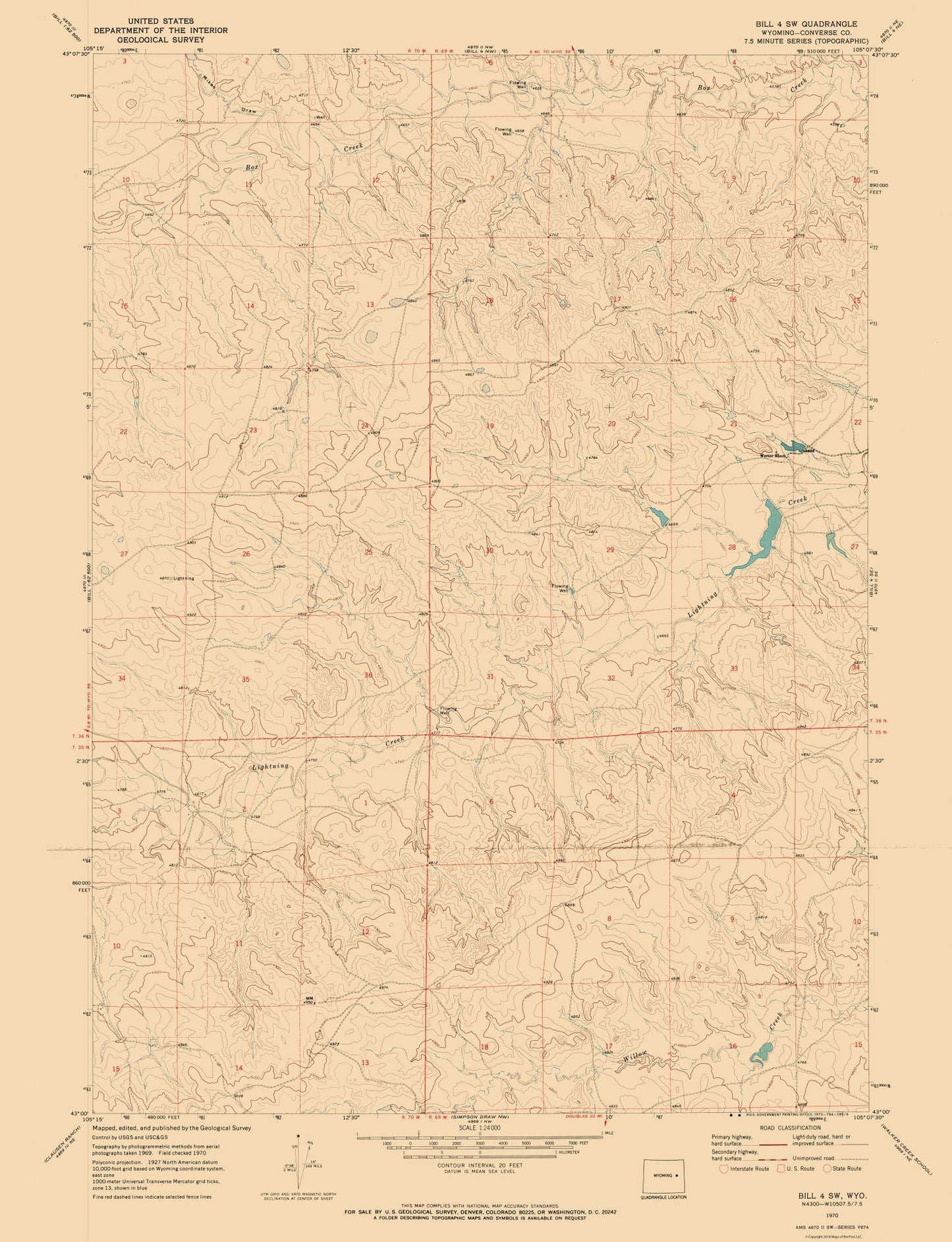 Topographical Map - Bill 4 Converse County Wyoming Quad - USGS 1970 - 23 x 30.00 - Vintage Wall Art