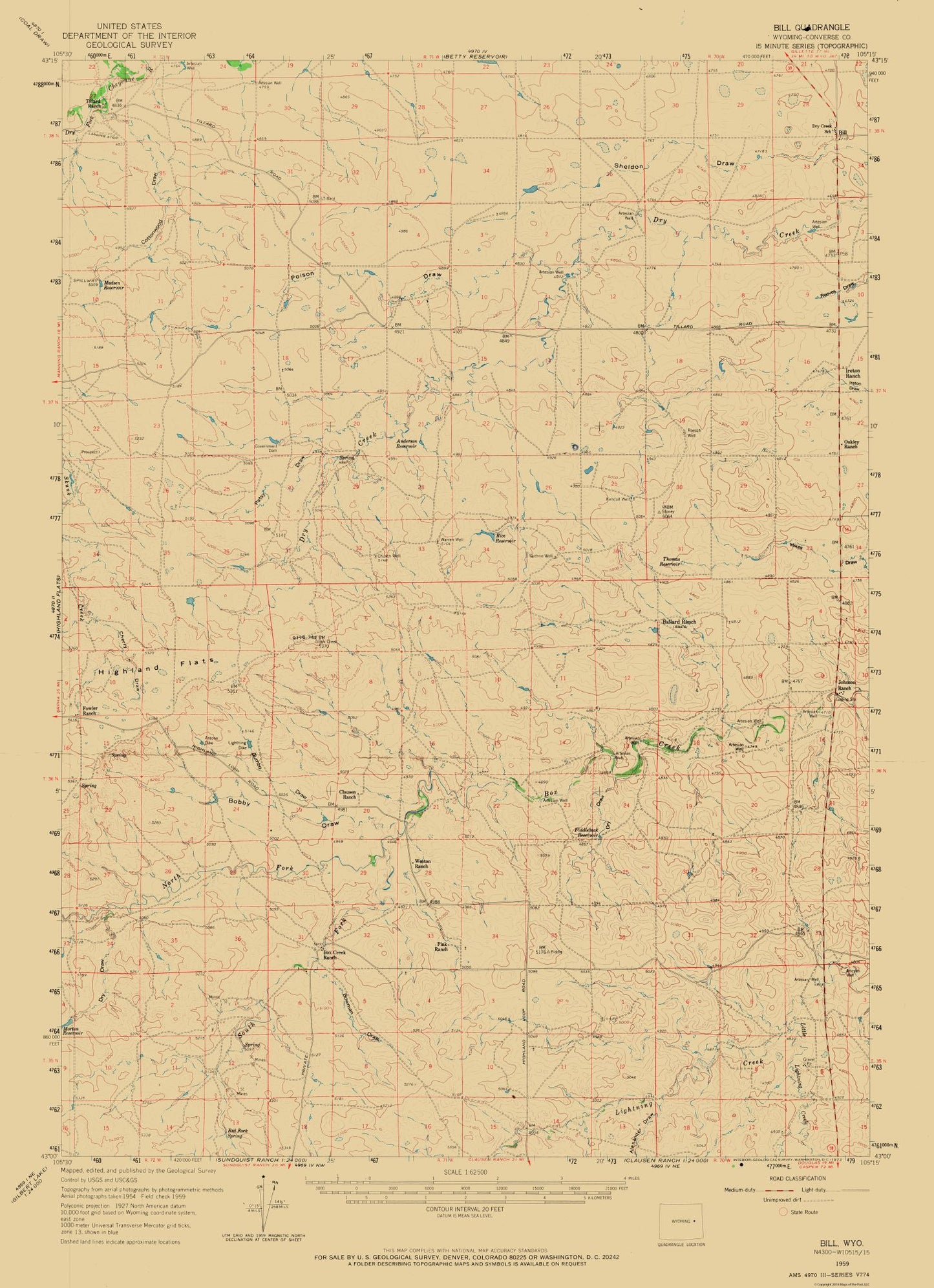 Topographical Map - Bill Wyoming Quad - USGS 1959 - 23 x 31.71 - Vintage Wall Art