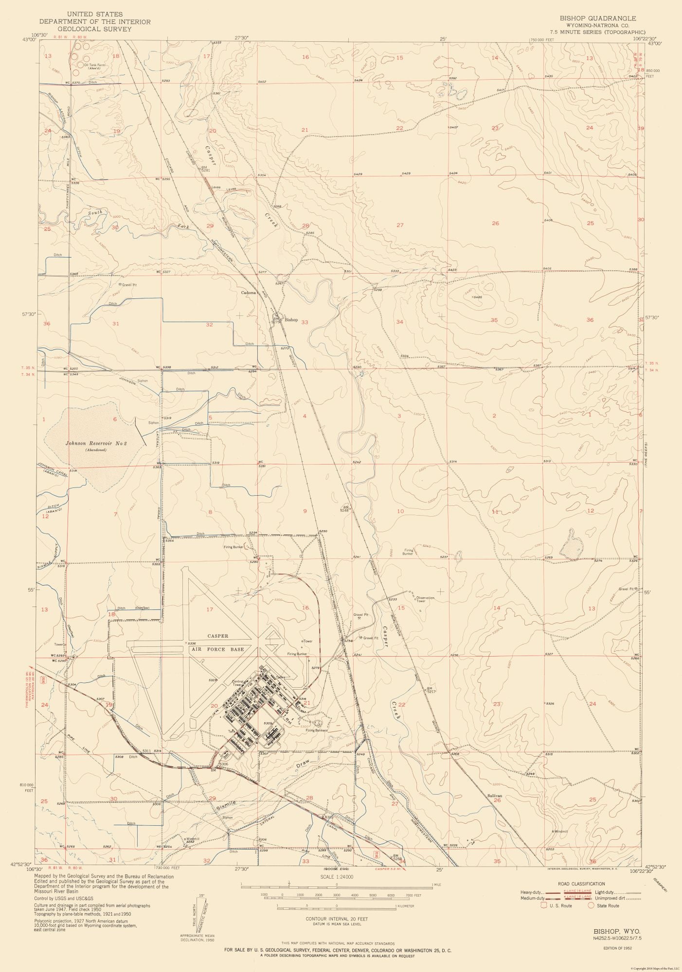 Topographical Map - Bishop Wyoming Quad - USGS 1952 - 23 x 32.82 - Vintage Wall Art