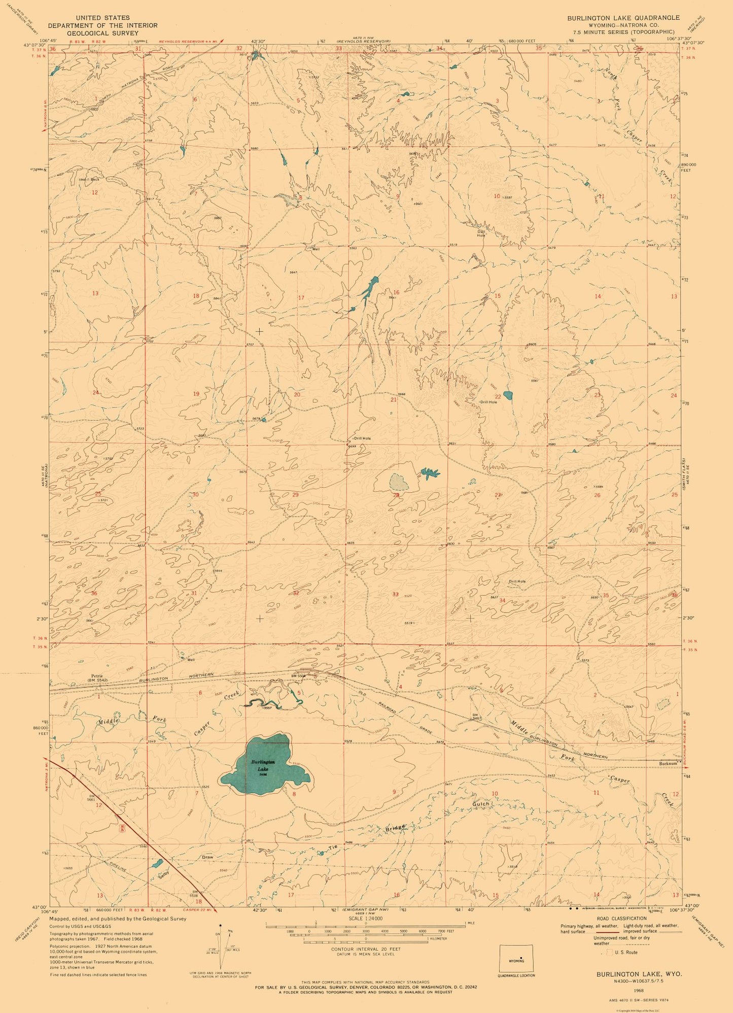 Topographical Map - Burlington Lake Wyoming Quad - USGS 1968 - 23 x 31.77 - Vintage Wall Art