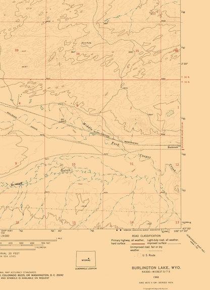 Topographical Map - Burlington Lake Wyoming Quad - USGS 1968 - 23 x 31.77 - Vintage Wall Art