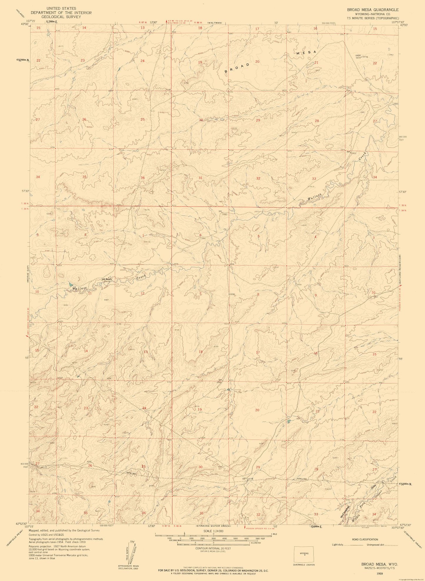 Topographical Map - Broad Mesa Wyoming Quad - USGS 1959 - 23 x 31.47 - Vintage Wall Art