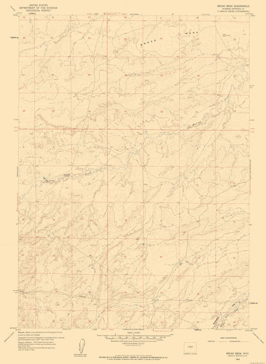 Topographical Map - Broad Mesa Wyoming Quad - USGS 1959 - 23 x 31.47 - Vintage Wall Art