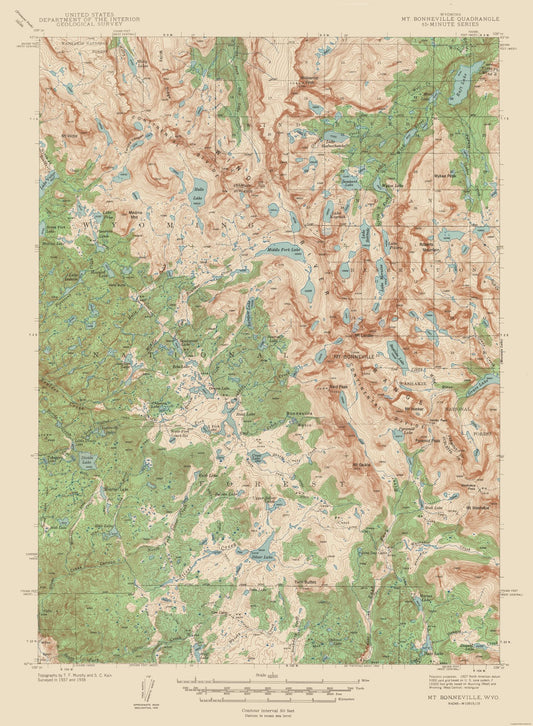 Topographical Map - Mt Bonneville Wyoming Quad - USGS 1938 - 23 x 31.34 - Vintage Wall Art