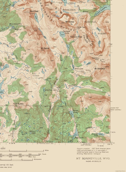 Topographical Map - Mt Bonneville Wyoming Quad - USGS 1938 - 23 x 31.34 - Vintage Wall Art