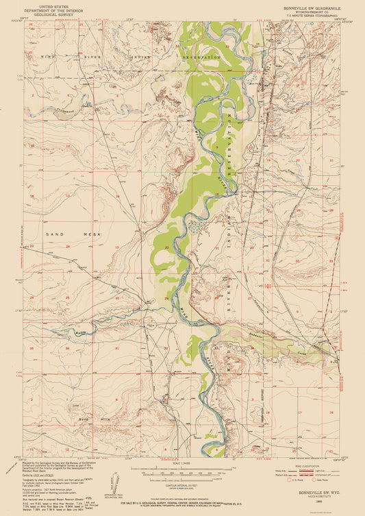 Topographical Map - Bonneville Wyoming Quad - USGS 1950 - 23 x 32.52 - Vintage Wall Art