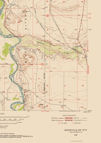 Topographical Map - Bonneville Wyoming Quad - USGS 1950 - 23 x 32.52 - Vintage Wall Art