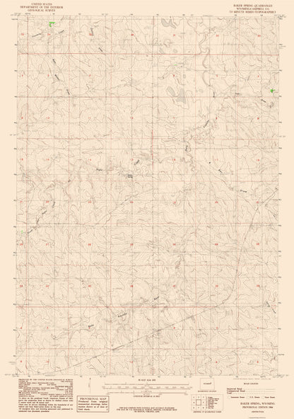 Topographical Map - Baker Spring Wyoming Quad - USGS 1984 - 23 x 32.74 - Vintage Wall Art