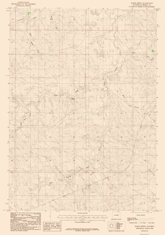 Topographical Map - Baker Spring Wyoming Quad - USGS 1984 - 23 x 32.74 - Vintage Wall Art