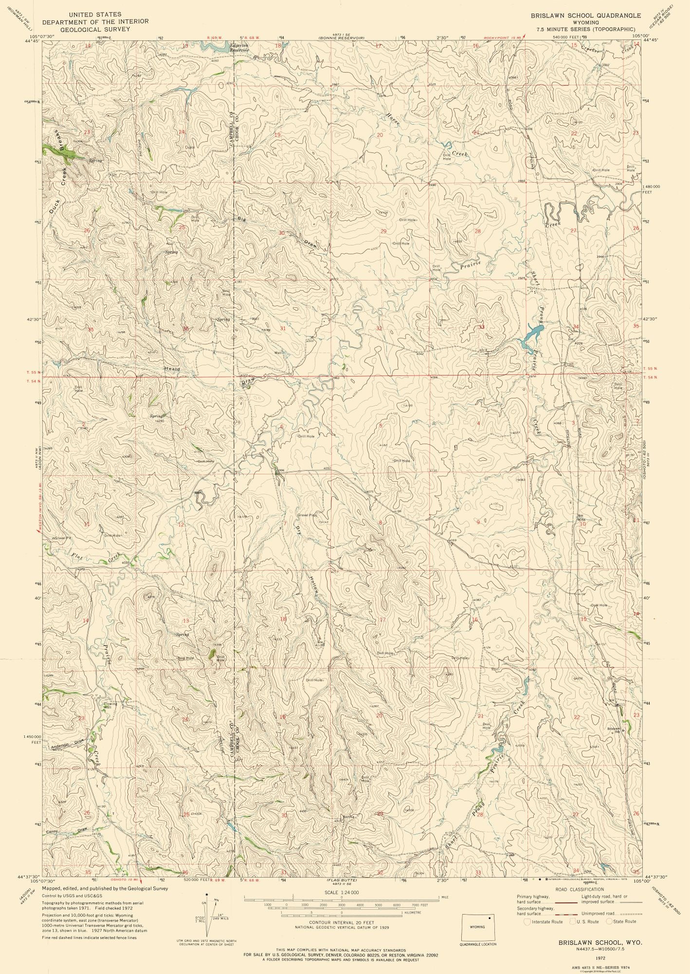 Topographical Map - Brislawn School Wyoming Quad - USGS 1972 - 23 x 32.45 - Vintage Wall Art