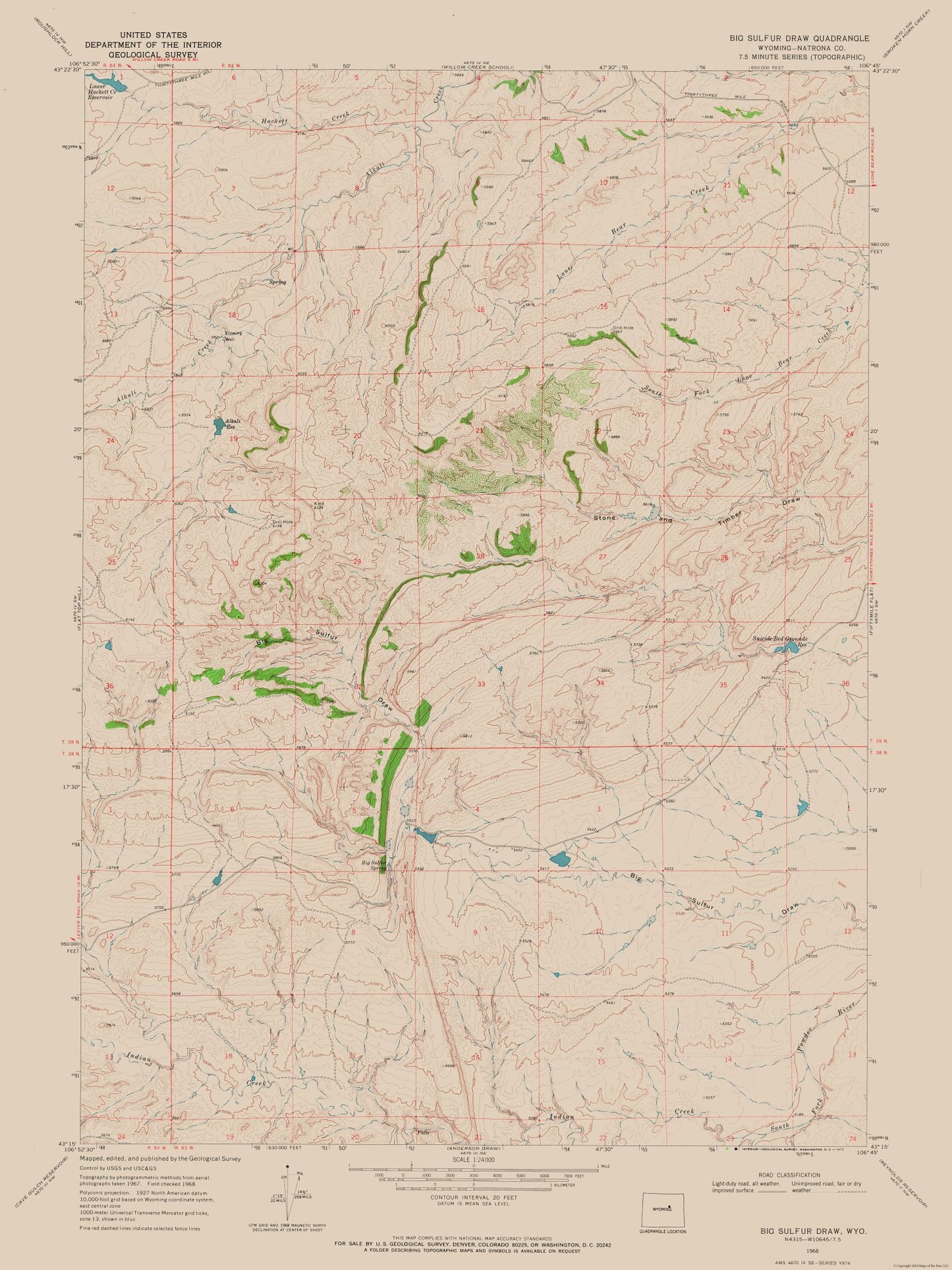 Topographical Map - Big Sulfur Draw Wyoming Quad - USGS 1968 - 23 x 30.66 - Vintage Wall Art