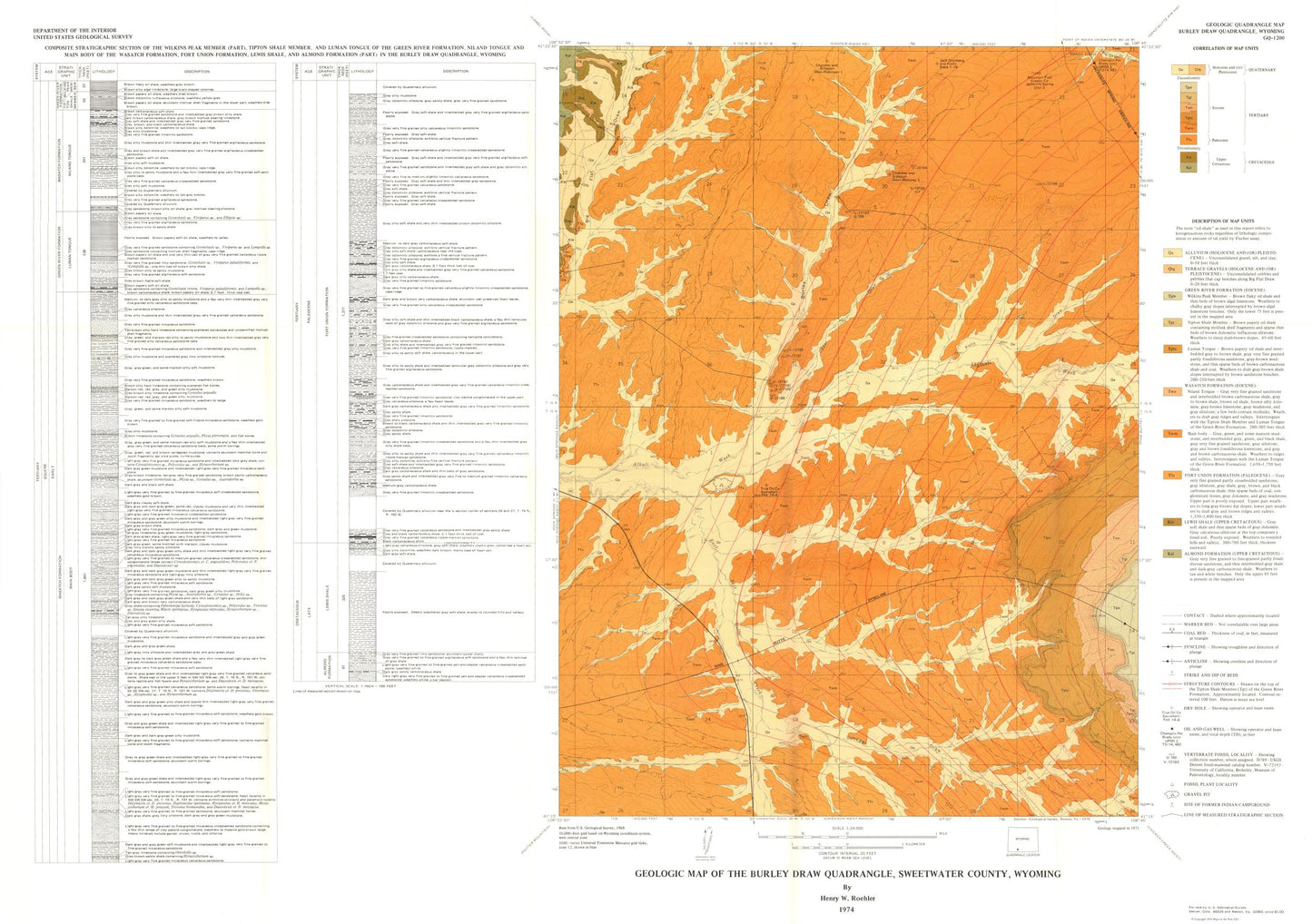 Historic Mine Map - Burley Draw Quad Wyoming - Roehler 1974 - 32.65 x 23 - Vintage Wall Art