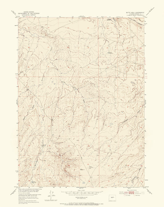 Topographical Map - Butte Well Wyoming Quad - USGS 1952 - 23 x 29.08 - Vintage Wall Art