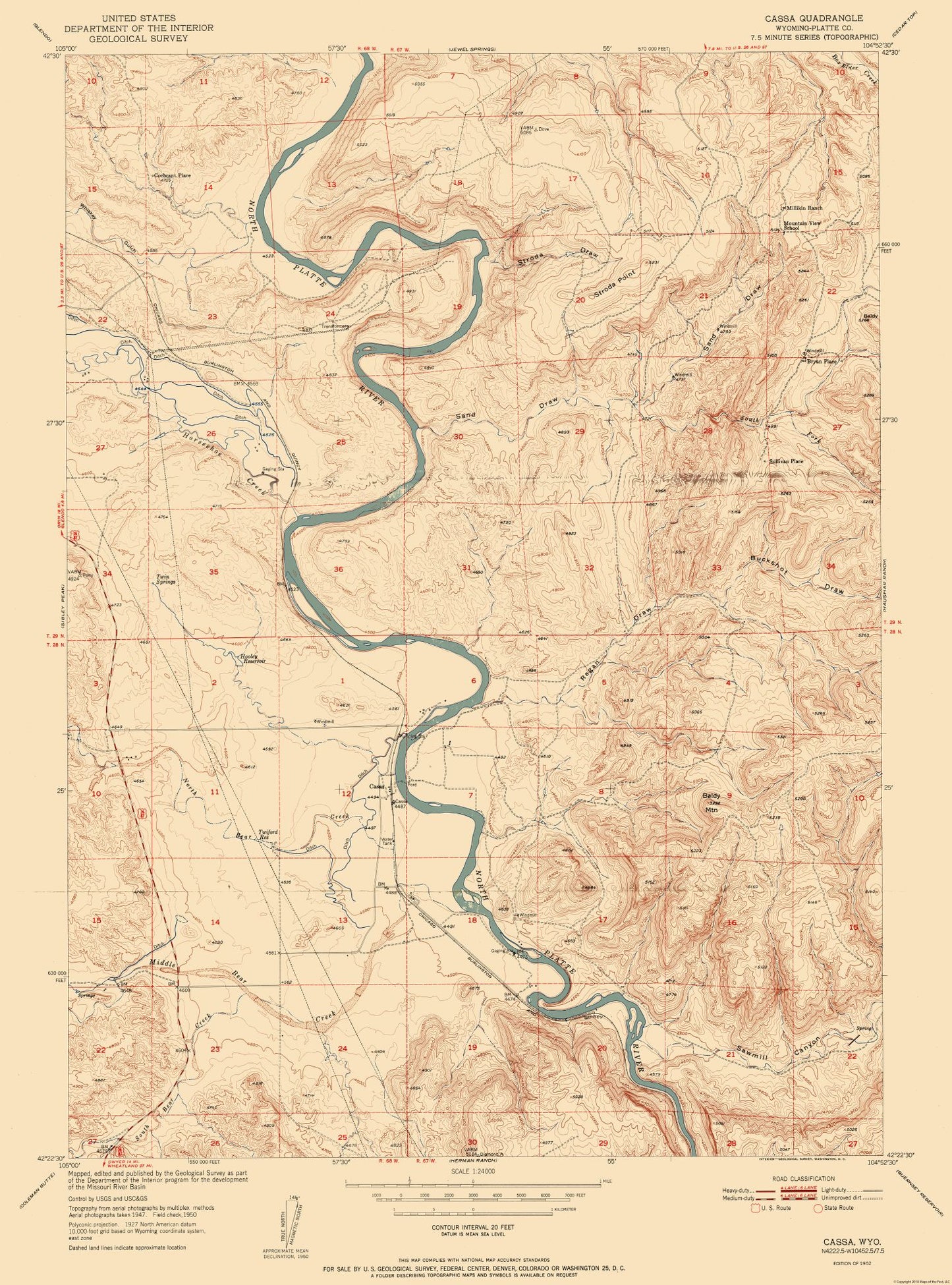 Topographical Map - Cassa Wyoming Quad - USGS 1952 - 23 x 31.03 - Vintage Wall Art