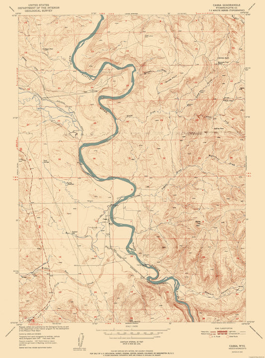 Topographical Map - Cassa Wyoming Quad - USGS 1952 - 23 x 31.03 - Vintage Wall Art