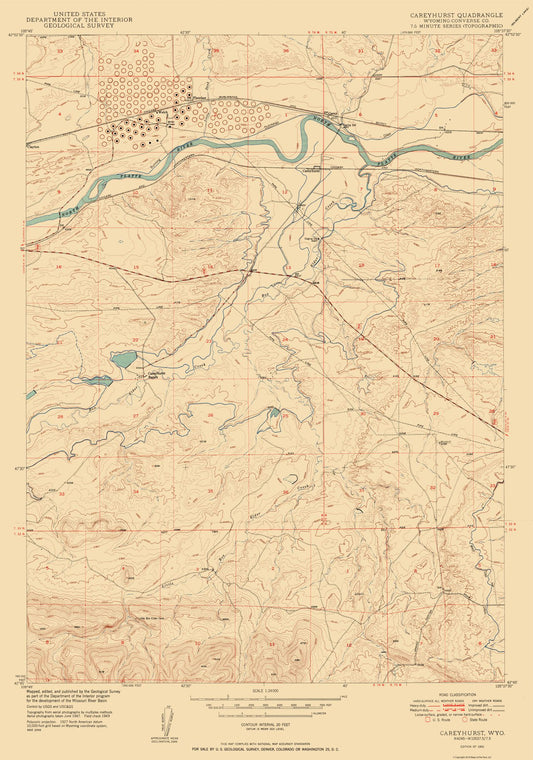 Topographical Map - Careyhurst Converse Wyoming Quad - USGS 1950 - 23 x 32.81 - Vintage Wall Art