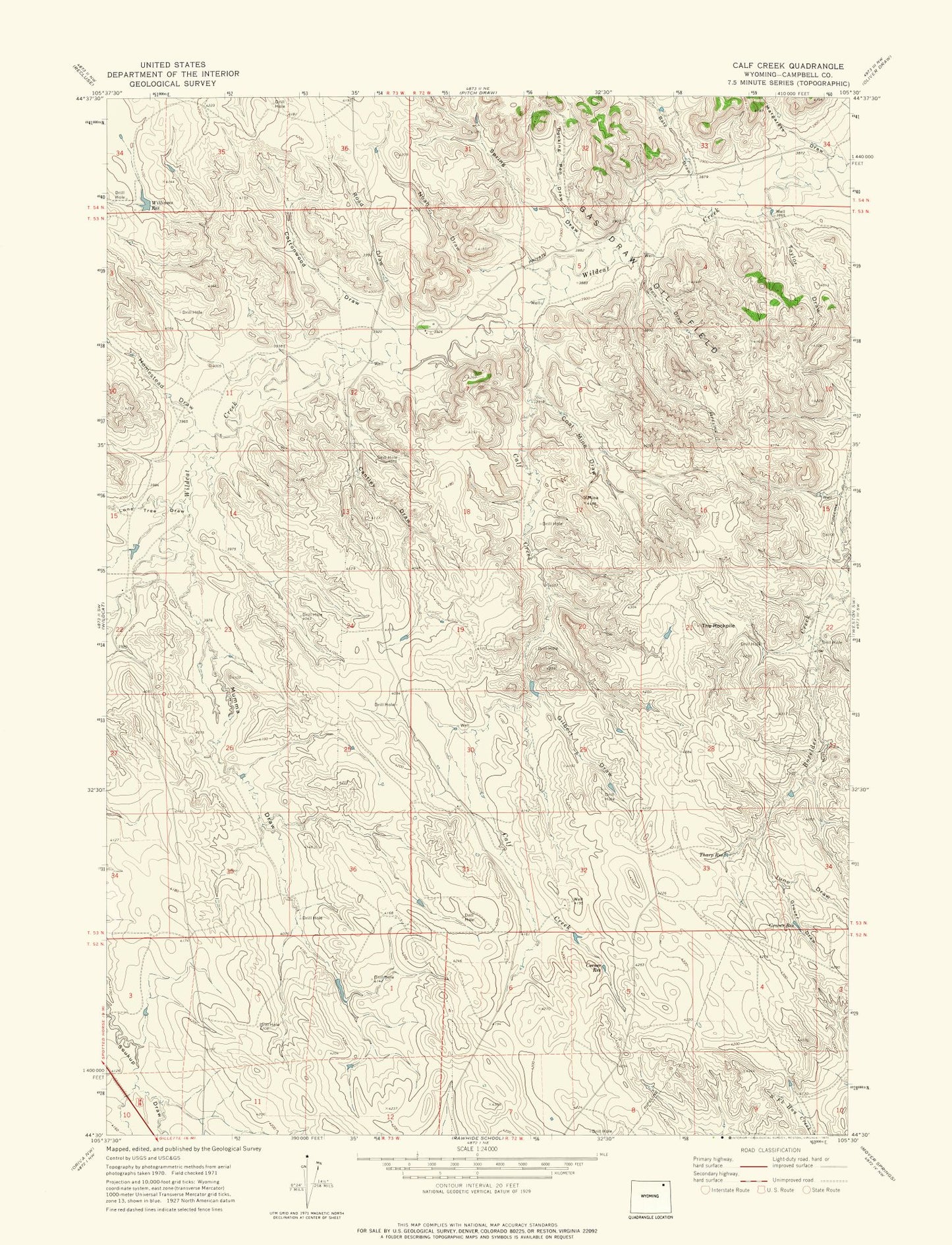 Topographical Map - Calf Creek Wyoming Quad - USGS 1971 - 23 x 30.04 - Vintage Wall Art