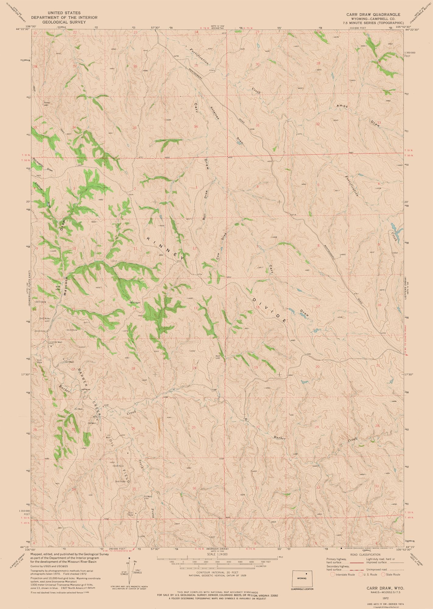 Topographical Map - Carr Draw Wyoming Quad - USGS 1972 - 23 x 32.34 - Vintage Wall Art